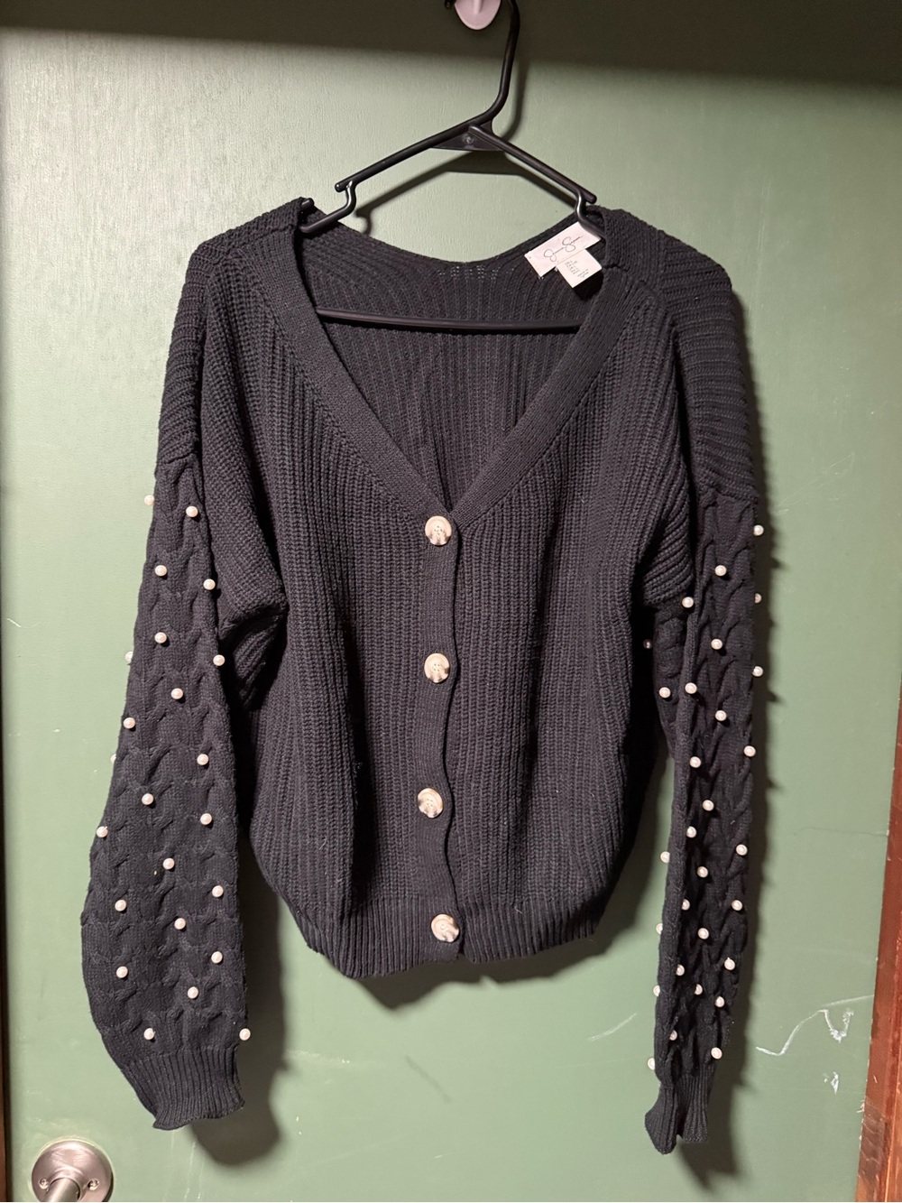 Jessica Simpson Black V-Neck Pearl-Sleeve Cardigan